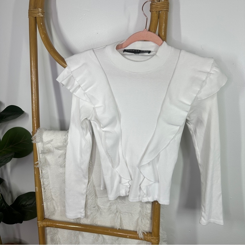 Veronica Beard Jeane White Ribbed Long Sleeve Top sz XS